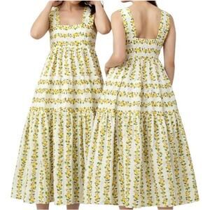 Anthropologie - The Helena Square-Neck Smocked Tiered Midi Dress Lemon